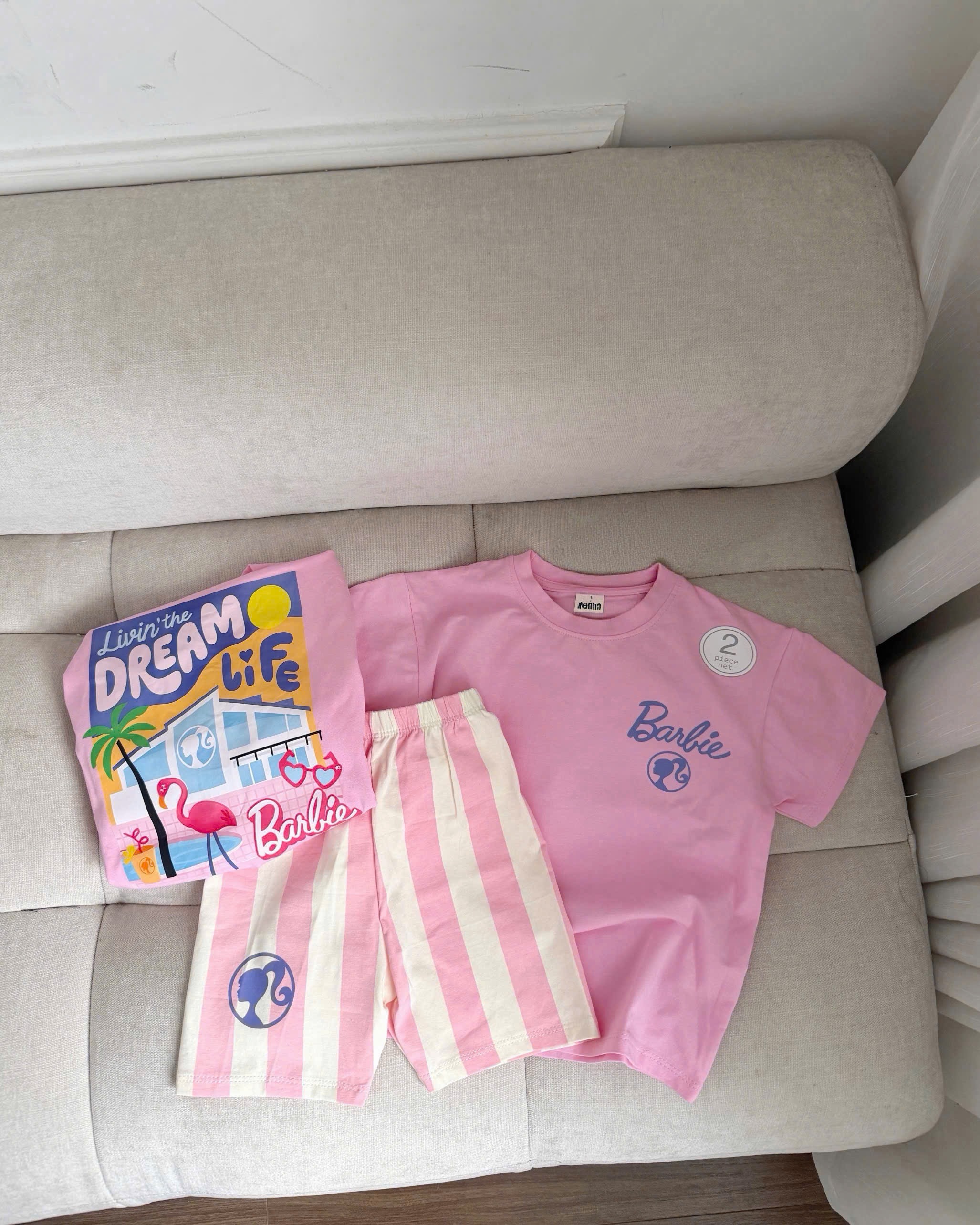 G951 - BỘ ĐÙI BÉ GÁI ÁO HỒNG BARBIE QUẦN LEGGING SỌC