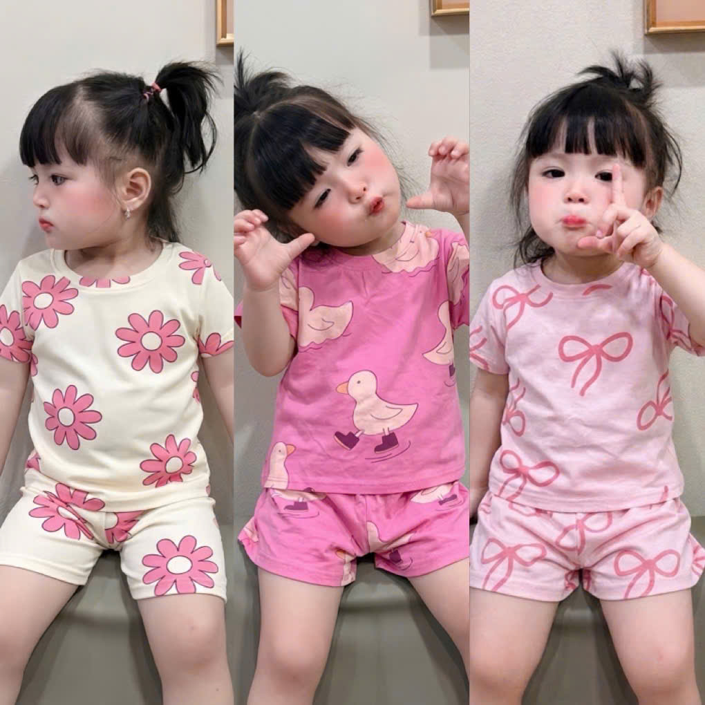 G976 - SET 3 BỘ ĐÙI BÉ GÁI HOA NƠ hồng đậm be
