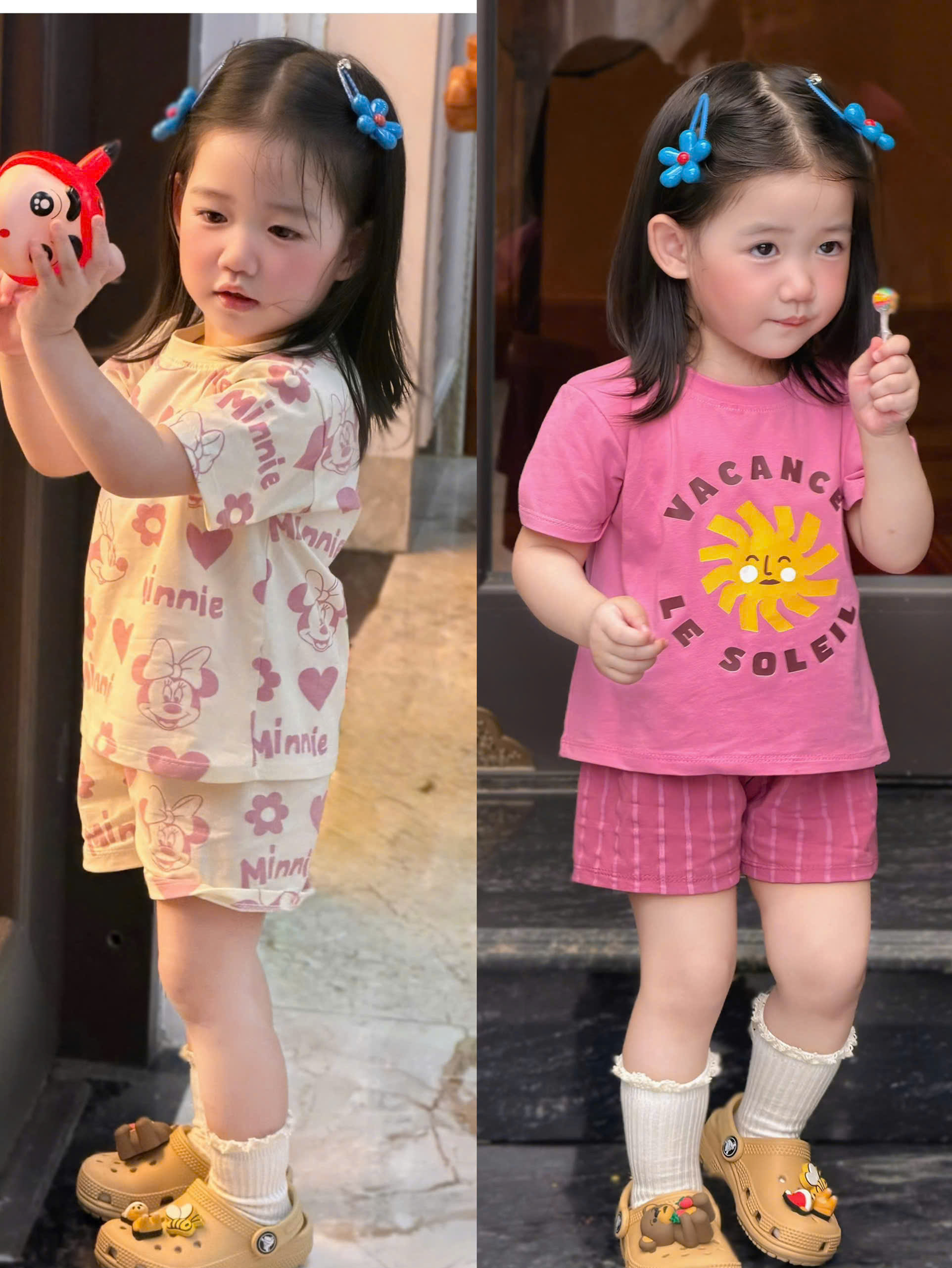G980 - SET 2 BỘ ĐÙI BÉ GÁI MICKEY MINNIE VACANCE hồng be