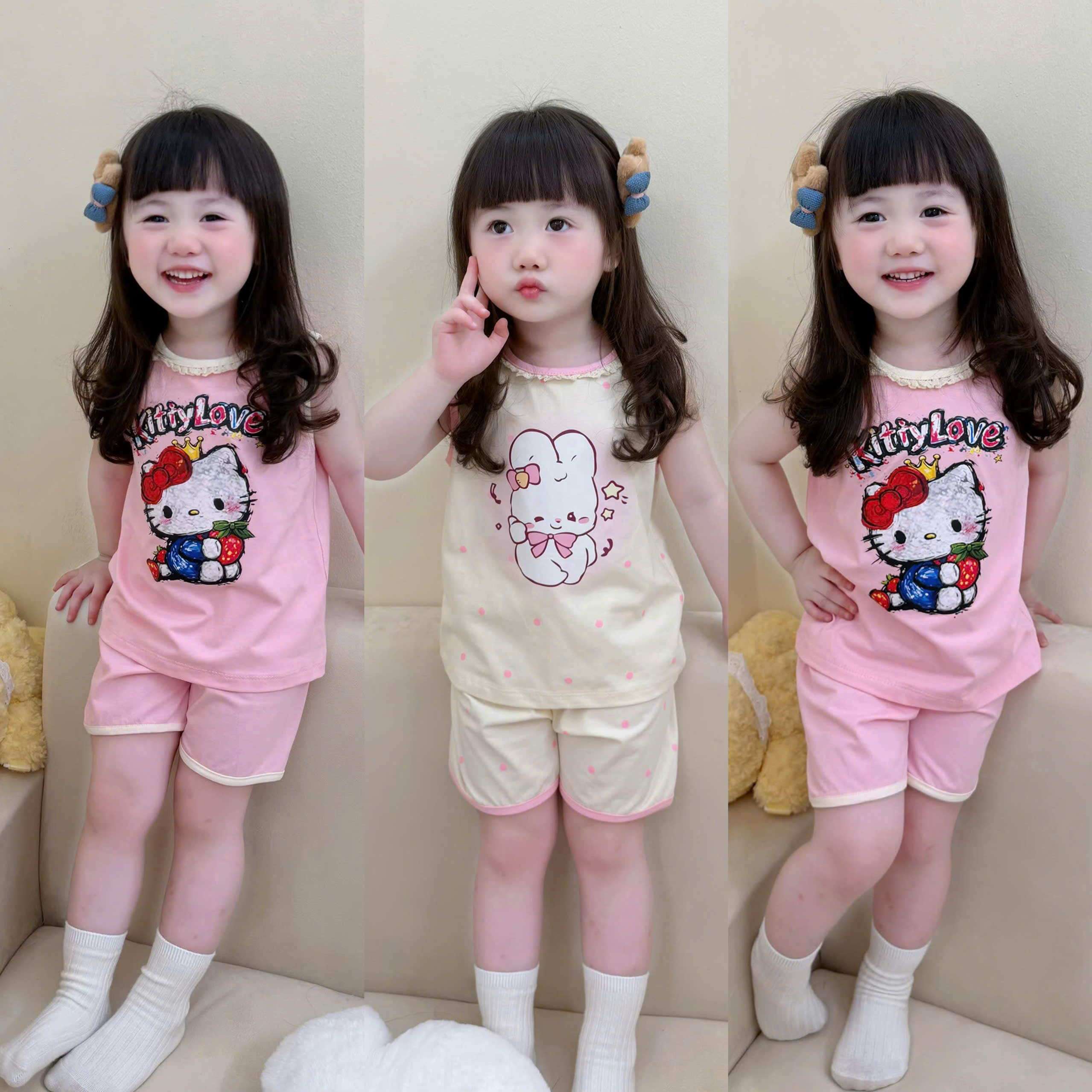 G990 - SET 2 BỘ ĐÙI BÉ GÁI BA LỖ KITTY THỎ CỔ REN hồng be