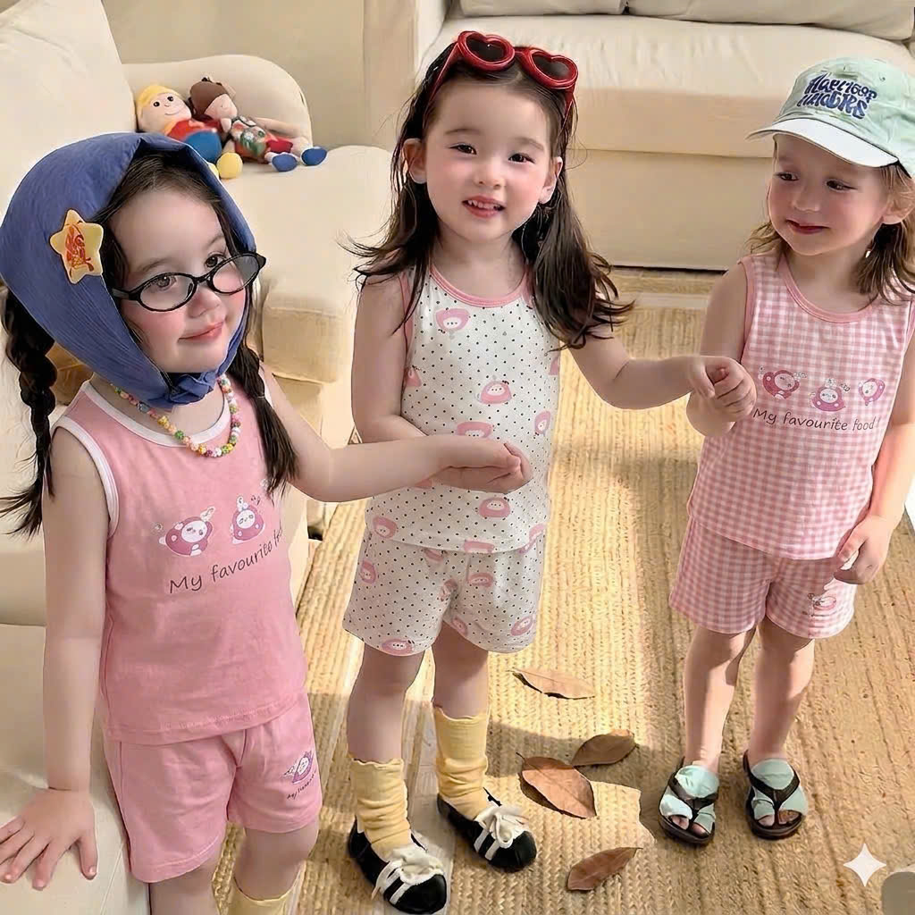 G998 - SET 3 BỘ ĐÙI BÉ GÁI BA LỖ favourite food hồng kẻ chấm