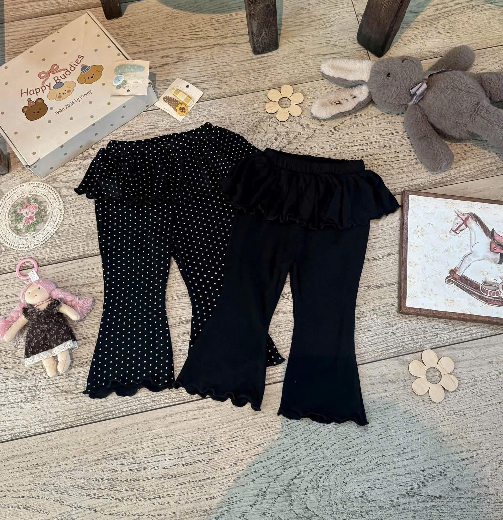 QB396 - SET 2 QUẦN BÉ GÁI ZIP LEGGING LOE đen chấm bi