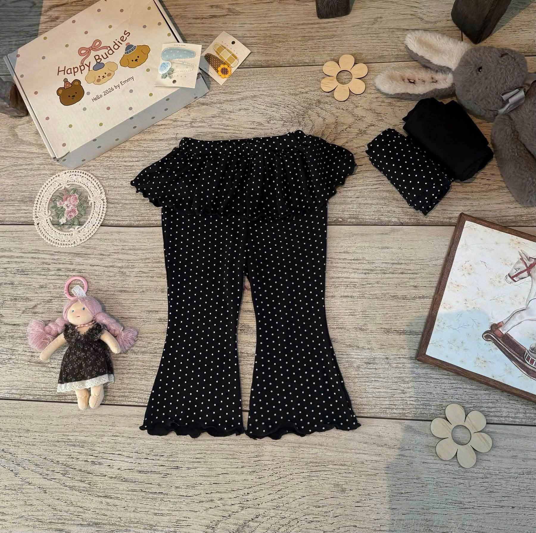 QB396 - SET 2 QUẦN BÉ GÁI ZIP LEGGING LOE đen chấm bi
