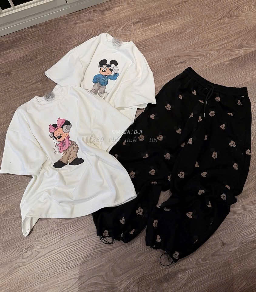 S297 - BỘ NỮ ÁO TRẮNG MICKEY QUẦN ĐEN GẤU
