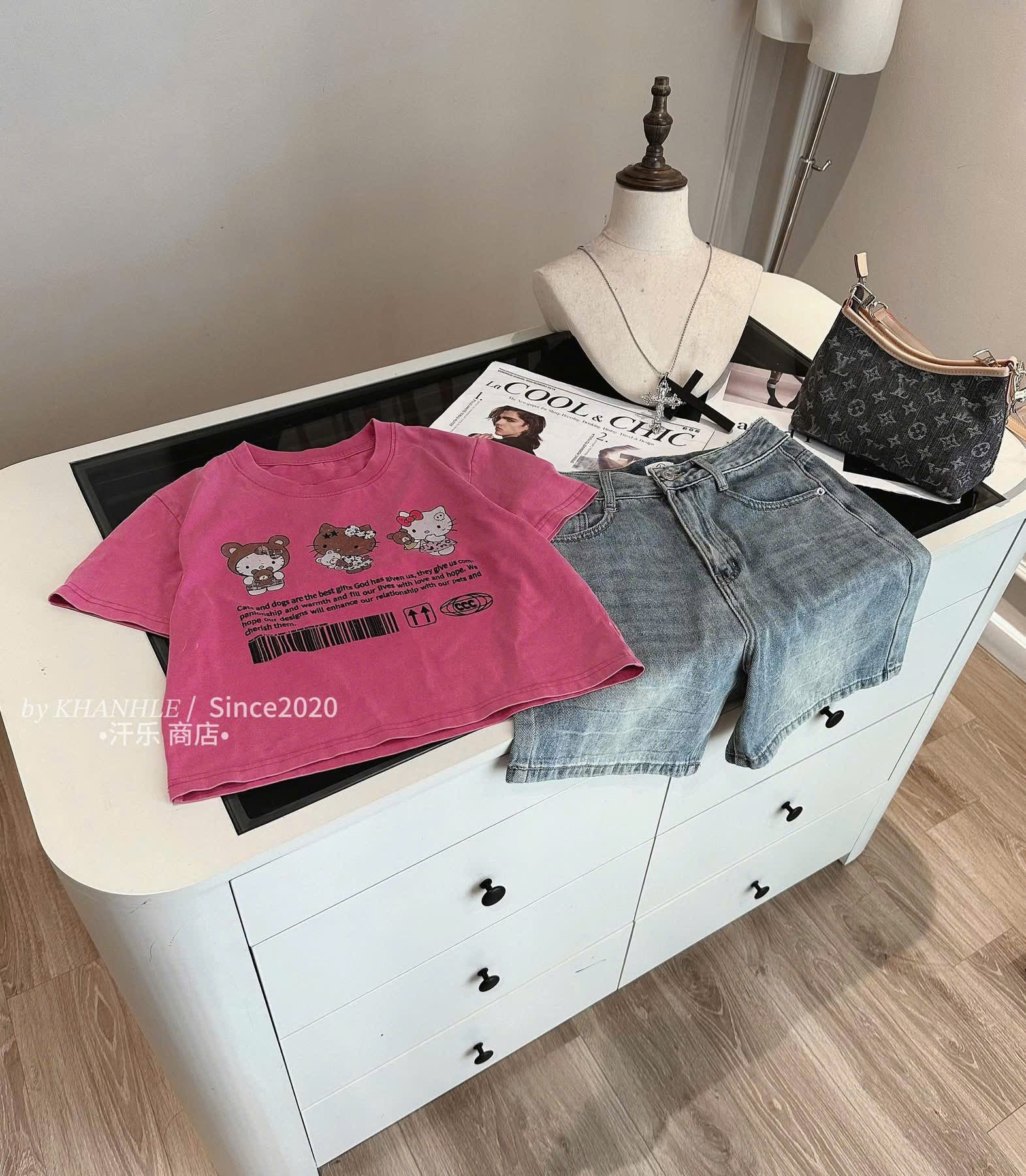 S298 - SET ÁO PHÔNG KITTY MIX QUẦN BÒ NGỐ