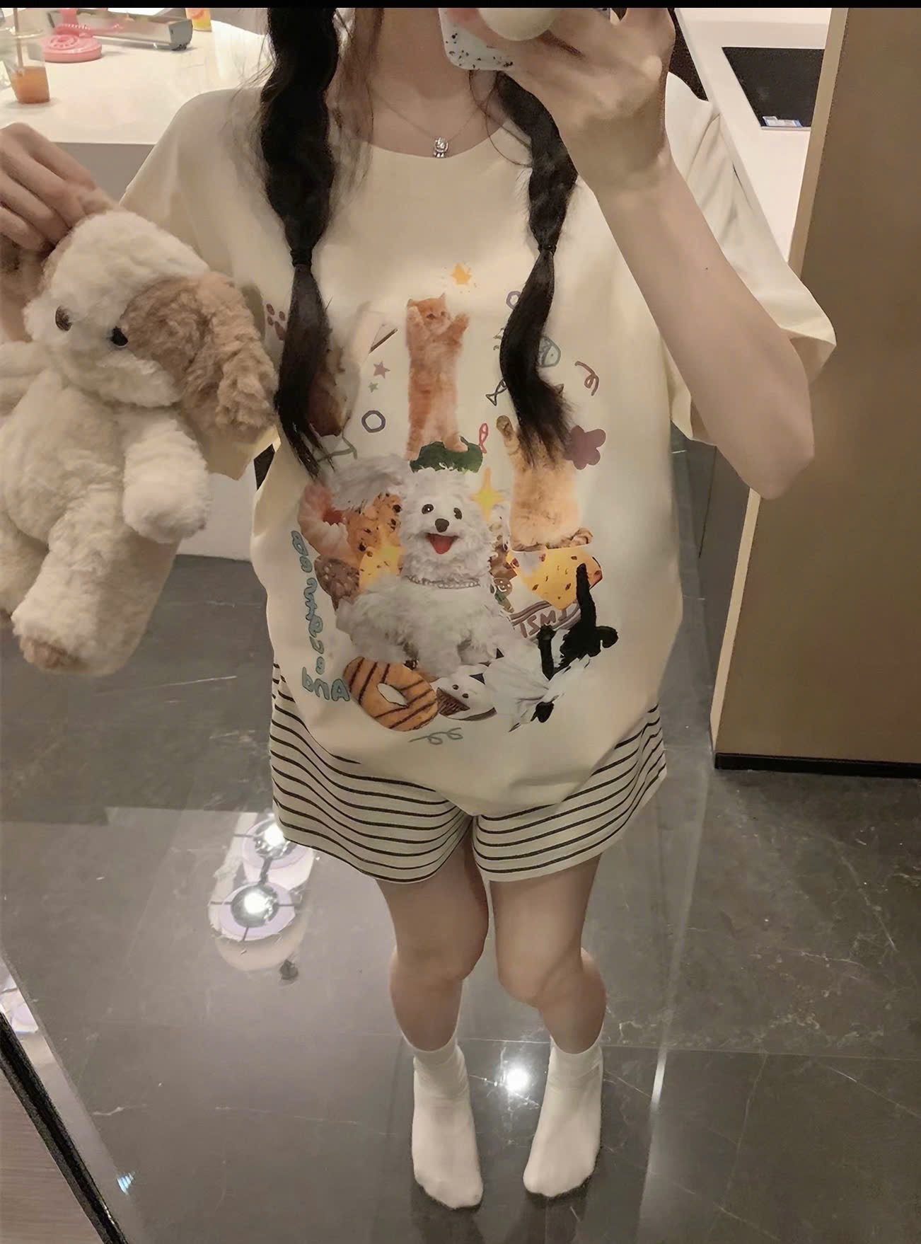 S305 - BỘ ĐÙI NỮ ÁO BE IN CHÓ QUẦN KẺ NGANG