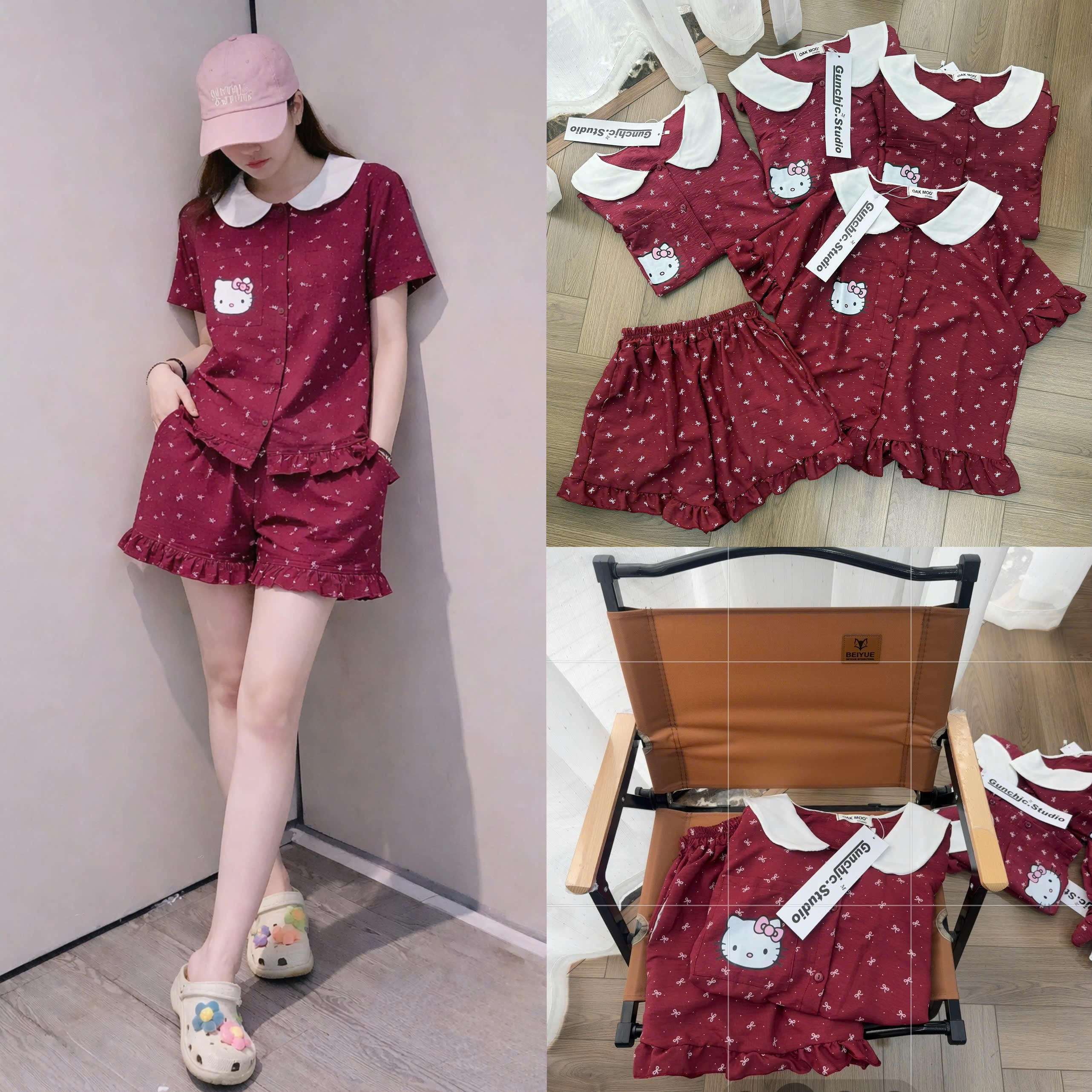 S309 - BỘ PYJAMA NỮ ĐỎ NƠ KITTY CỔ SEN TRẮNG