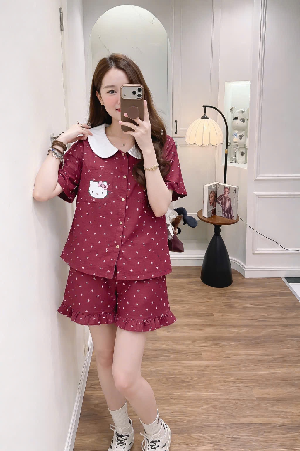 S309 - BỘ PYJAMA NỮ ĐỎ NƠ KITTY CỔ SEN TRẮNG