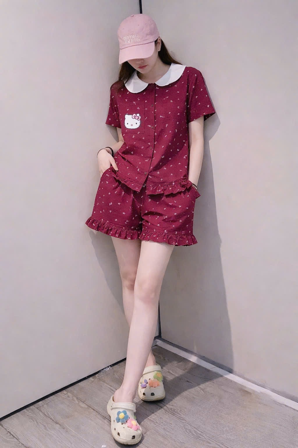 S309 - BỘ PYJAMA NỮ ĐỎ NƠ KITTY CỔ SEN TRẮNG