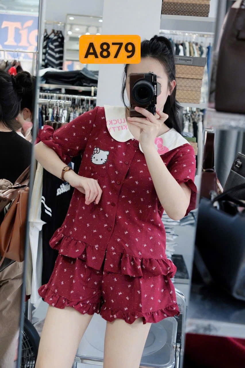 S309 - BỘ PYJAMA NỮ ĐỎ NƠ KITTY CỔ SEN TRẮNG