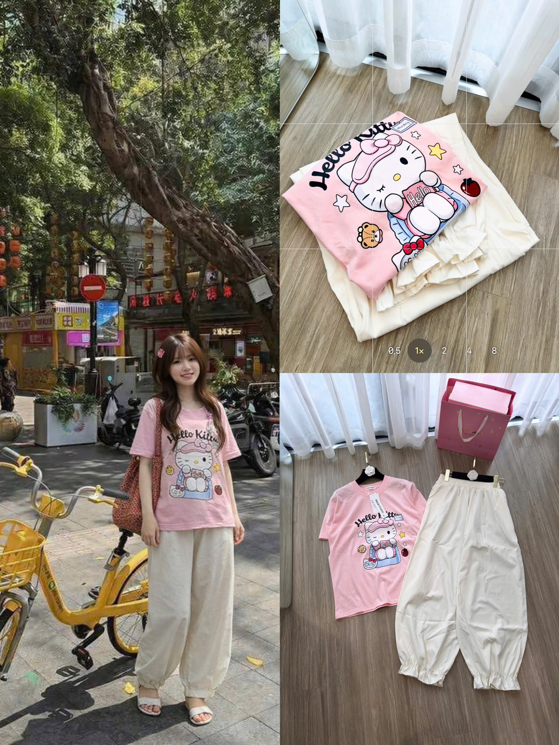 S323 - BỘ NỮ ÁO HỒNG HELLO KITTY QUẦN BOMBER BE