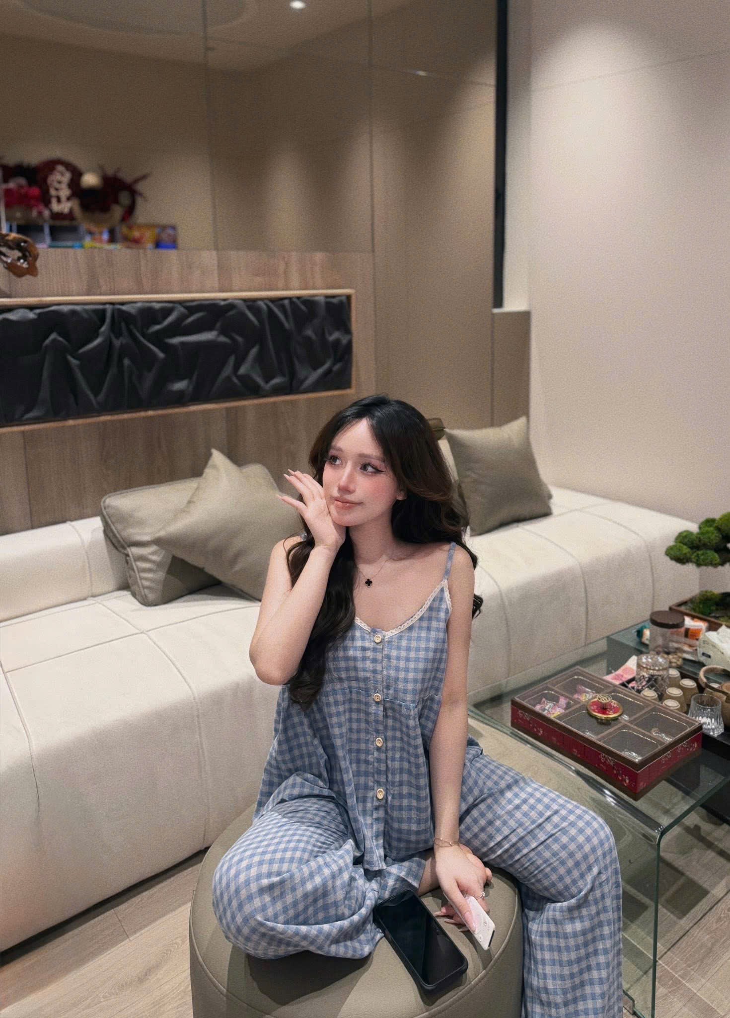 S324 - BỘ NỮ 2S CARO XANH PHỐI REN QUẦN SUÔNG