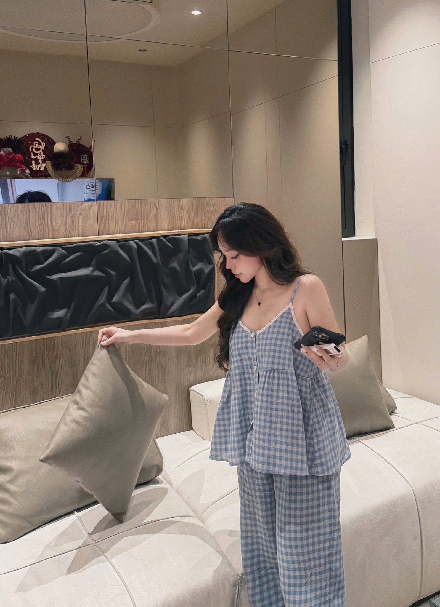 S324 - BỘ NỮ 2S CARO XANH PHỐI REN QUẦN SUÔNG