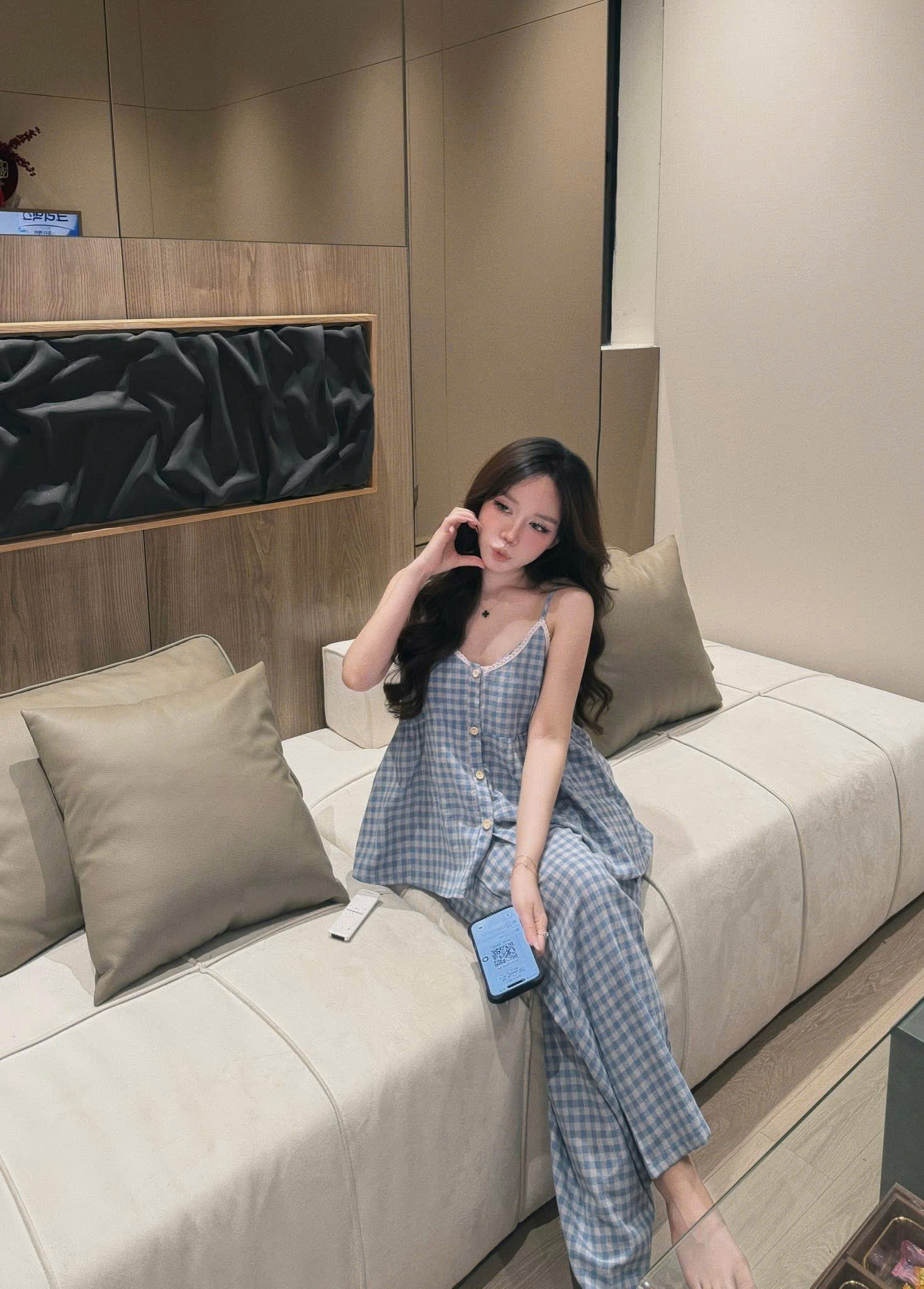 S324 - BỘ NỮ 2S CARO XANH PHỐI REN QUẦN SUÔNG