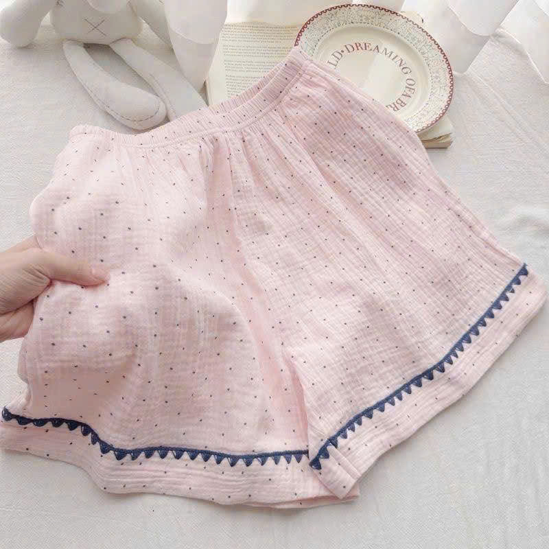 S348 - BỘ PYJAMA ĐÙI NỮ HỒNG CHẤM BI VIỀN XANH