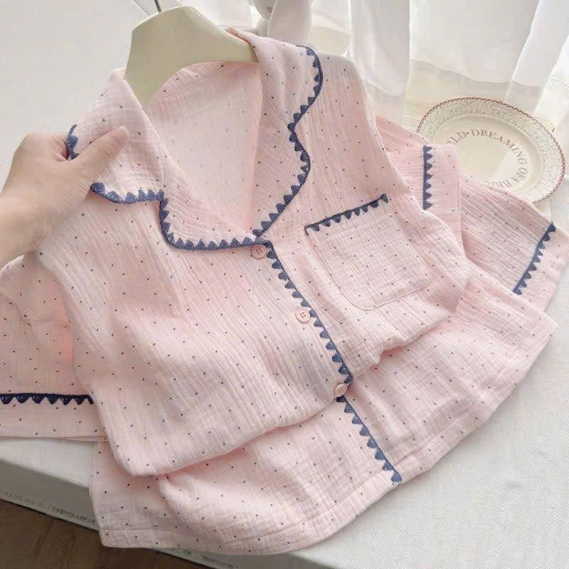 S348 - BỘ PYJAMA ĐÙI NỮ HỒNG CHẤM BI VIỀN XANH