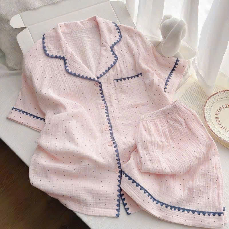 S348 - BỘ PYJAMA ĐÙI NỮ HỒNG CHẤM BI VIỀN XANH