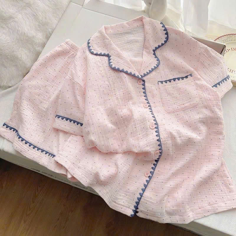 S348 - BỘ PYJAMA ĐÙI NỮ HỒNG CHẤM BI VIỀN XANH