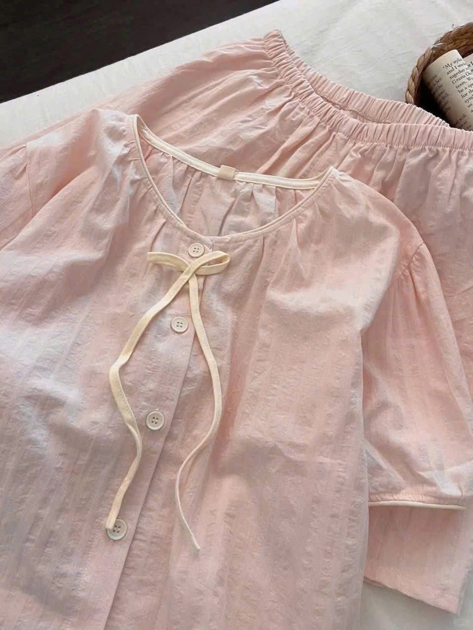S357 - BỘ ĐÙI PYJAMA NỮ HỒNG ĐÍNH NƠ