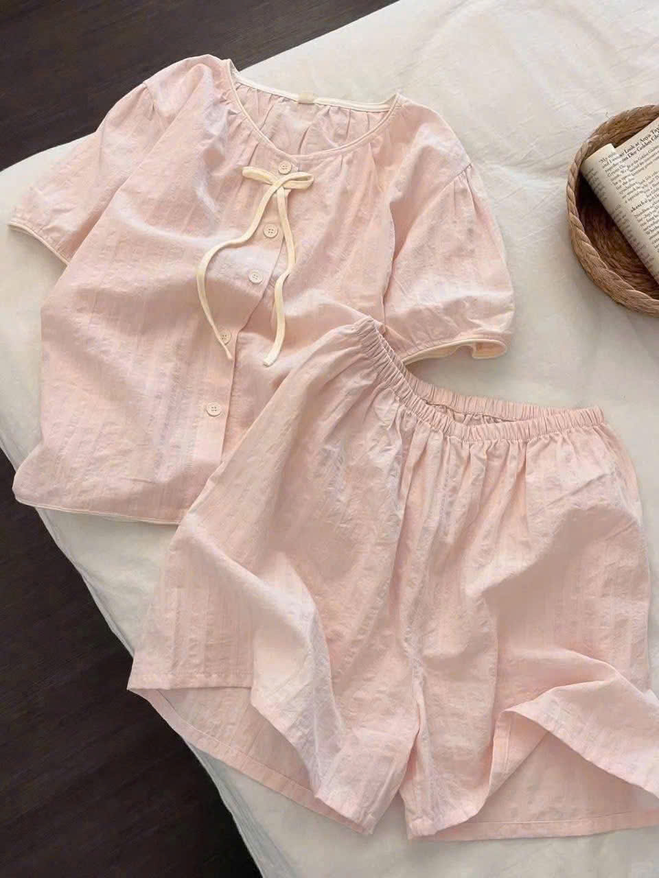 S357 - BỘ ĐÙI PYJAMA NỮ HỒNG ĐÍNH NƠ