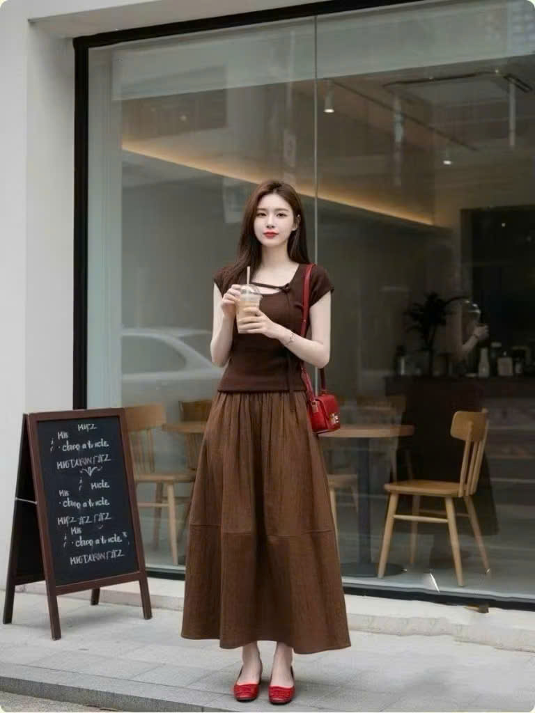 (chờ) S380 - SET NỮ ÁO TĂM NÂU PHỐI DÂY MIX CVAY DÀI