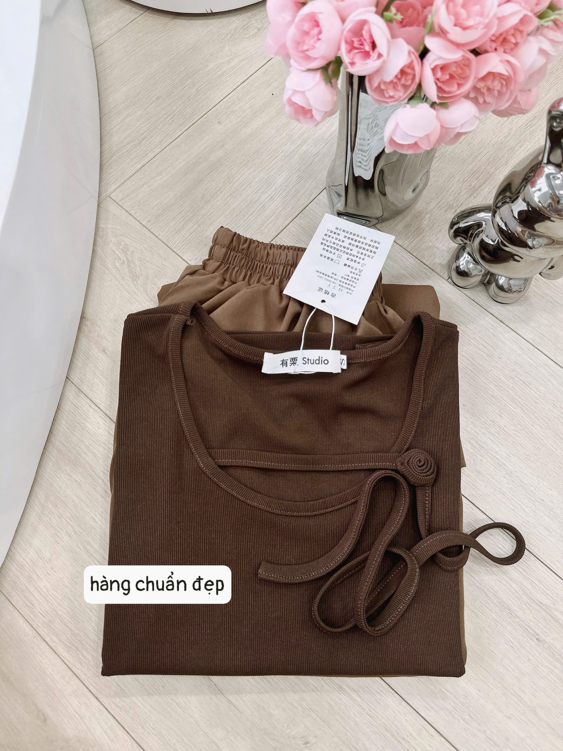 (chờ) S380 - SET NỮ ÁO TĂM NÂU PHỐI DÂY MIX CVAY DÀI