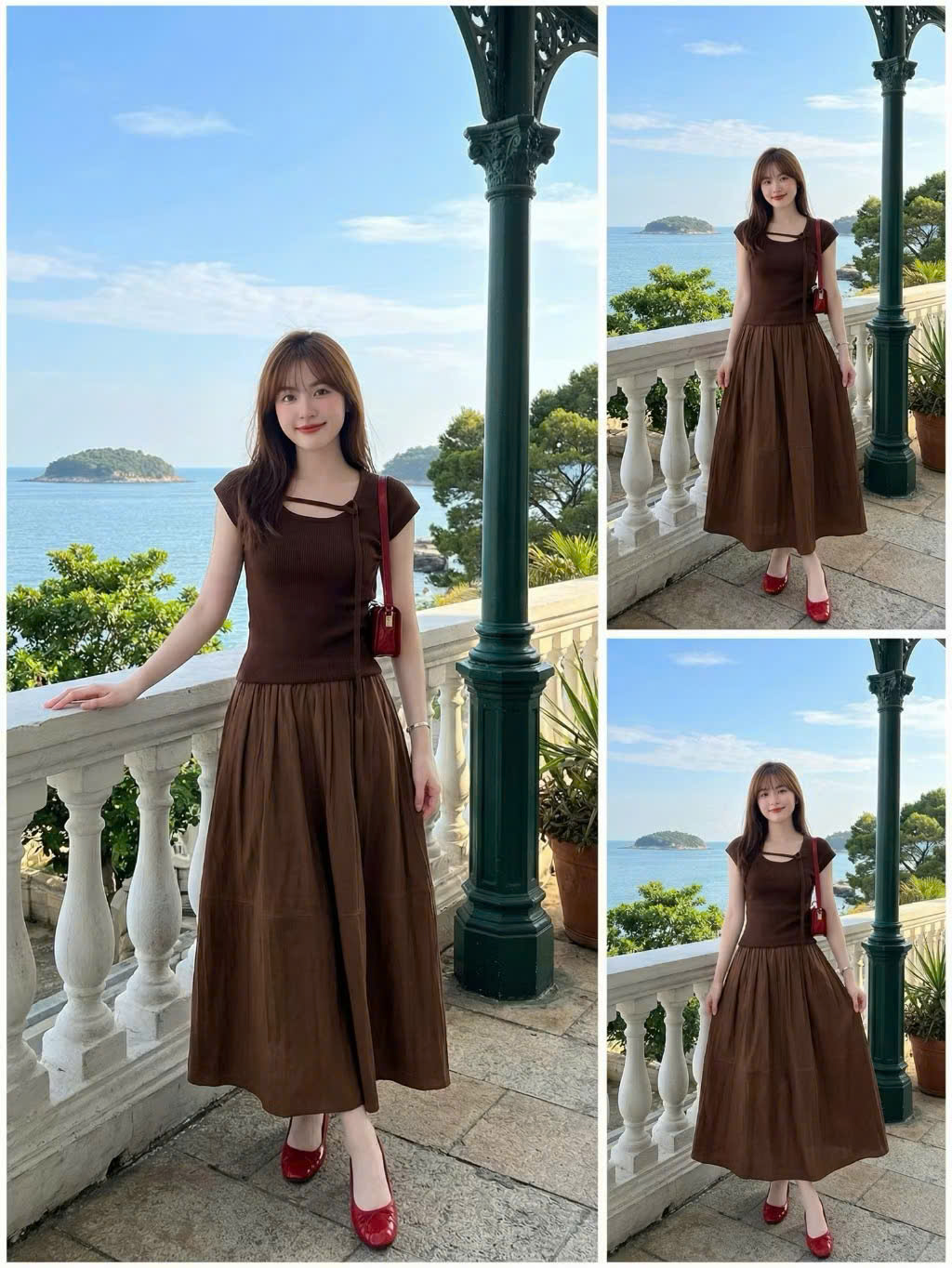 (chờ) S380 - SET NỮ ÁO TĂM NÂU PHỐI DÂY MIX CVAY DÀI