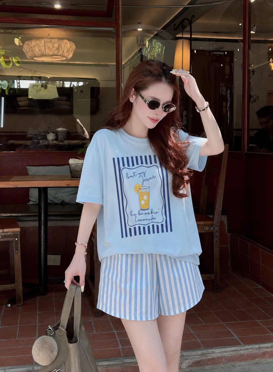 S389 - BỘ ĐÙI NỮ XANH DƯƠNG NƯỚC CAM QUẦN SỌC