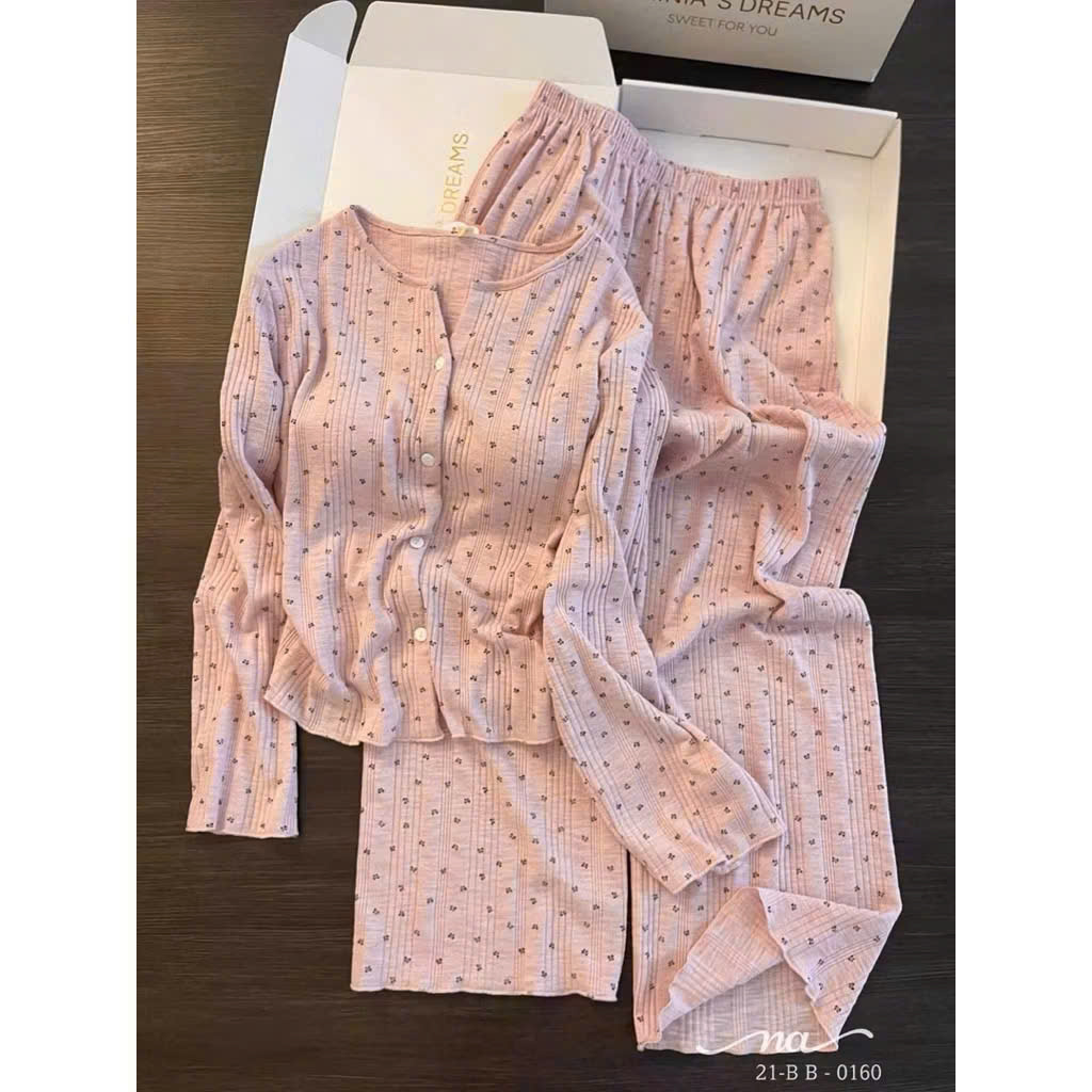 S414 - BỘ NỮ THUN DÀI TAY CÀI CÚC HỒNG HOA NHÍ