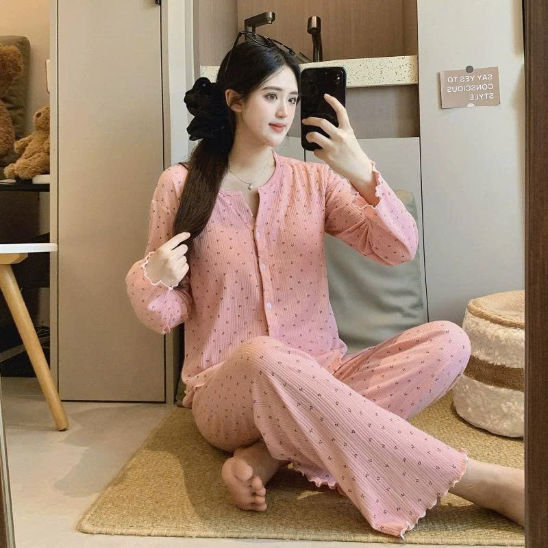 S414 - BỘ NỮ THUN DÀI TAY CÀI CÚC HỒNG HOA NHÍ