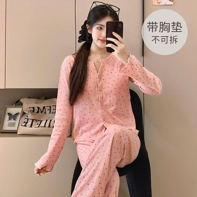 S414 - BỘ NỮ THUN DÀI TAY CÀI CÚC HỒNG HOA NHÍ