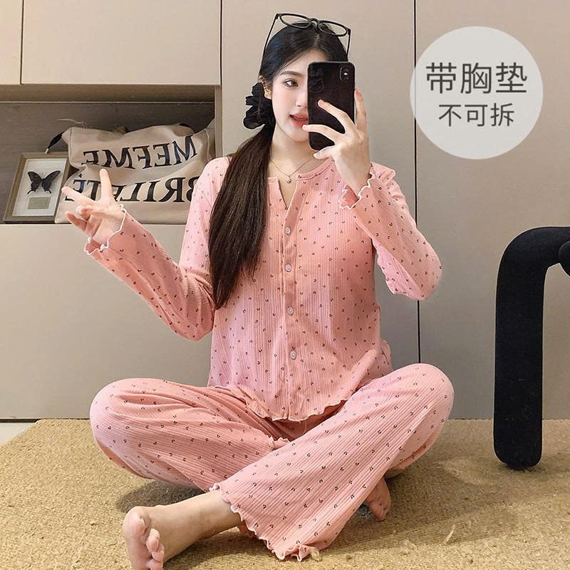 S414 - BỘ NỮ THUN DÀI TAY CÀI CÚC HỒNG HOA NHÍ