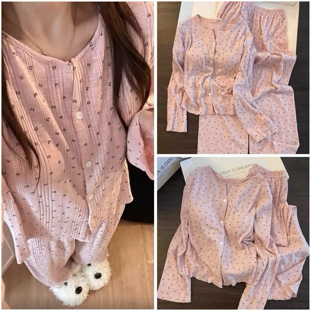 S414 - BỘ NỮ THUN DÀI TAY CÀI CÚC HỒNG HOA NHÍ