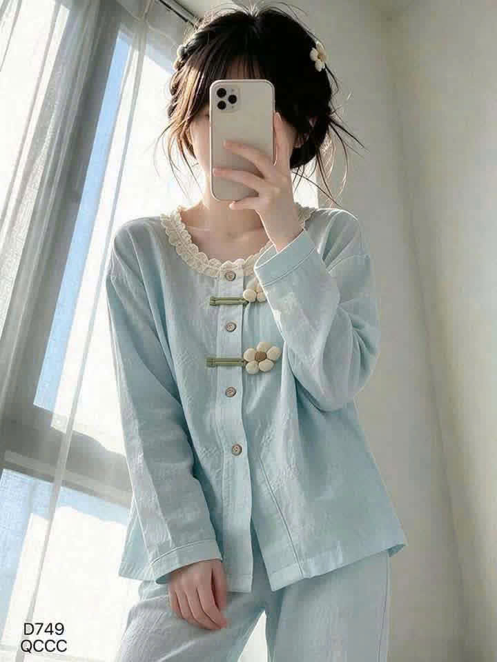 (chờ) S416 - BỘ NỮ CÀI HOA CỔ REN DÀI TAY QC
