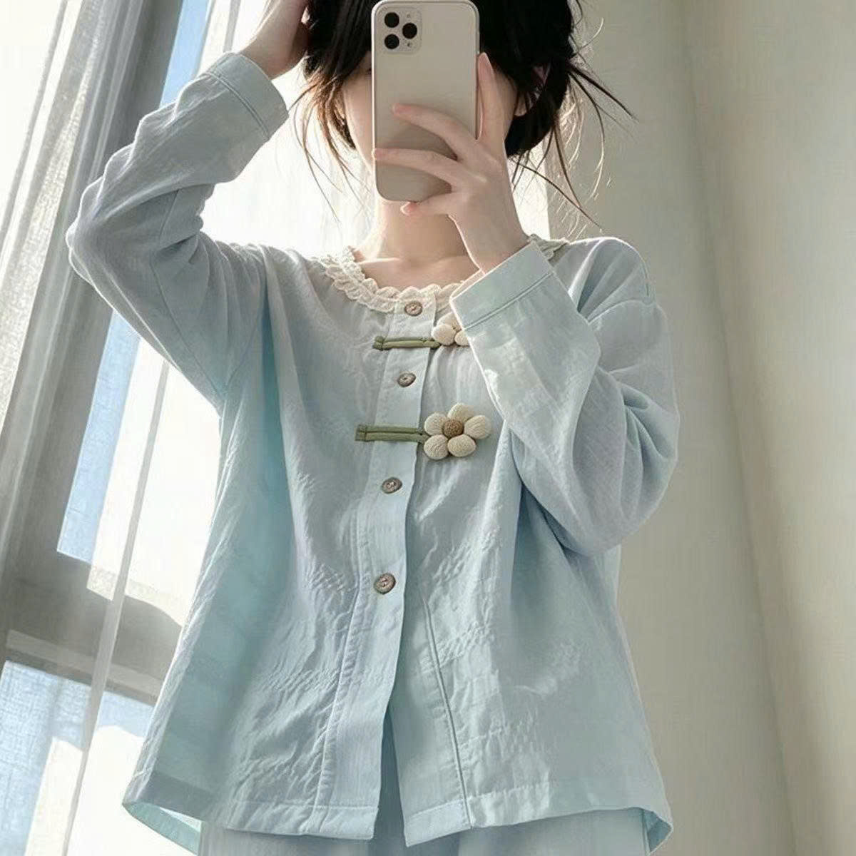 (chờ) S416 - BỘ NỮ CÀI HOA CỔ REN DÀI TAY QC