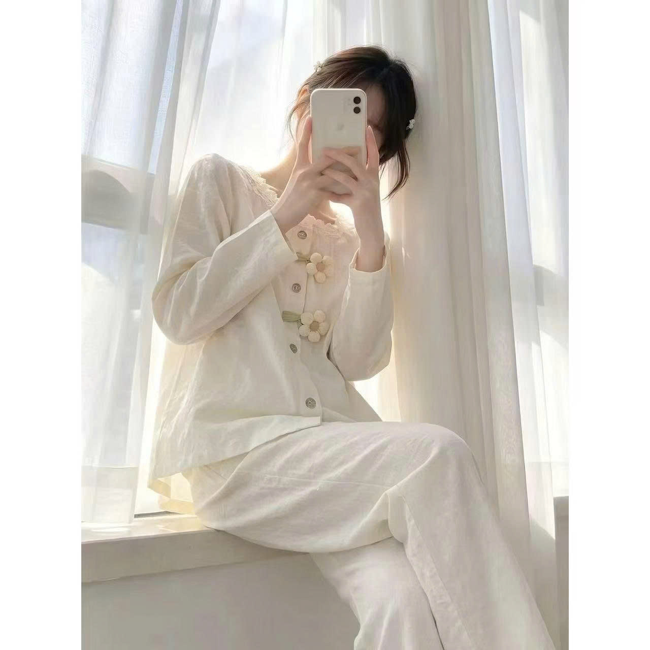(chờ) S416 - BỘ NỮ CÀI HOA CỔ REN DÀI TAY QC