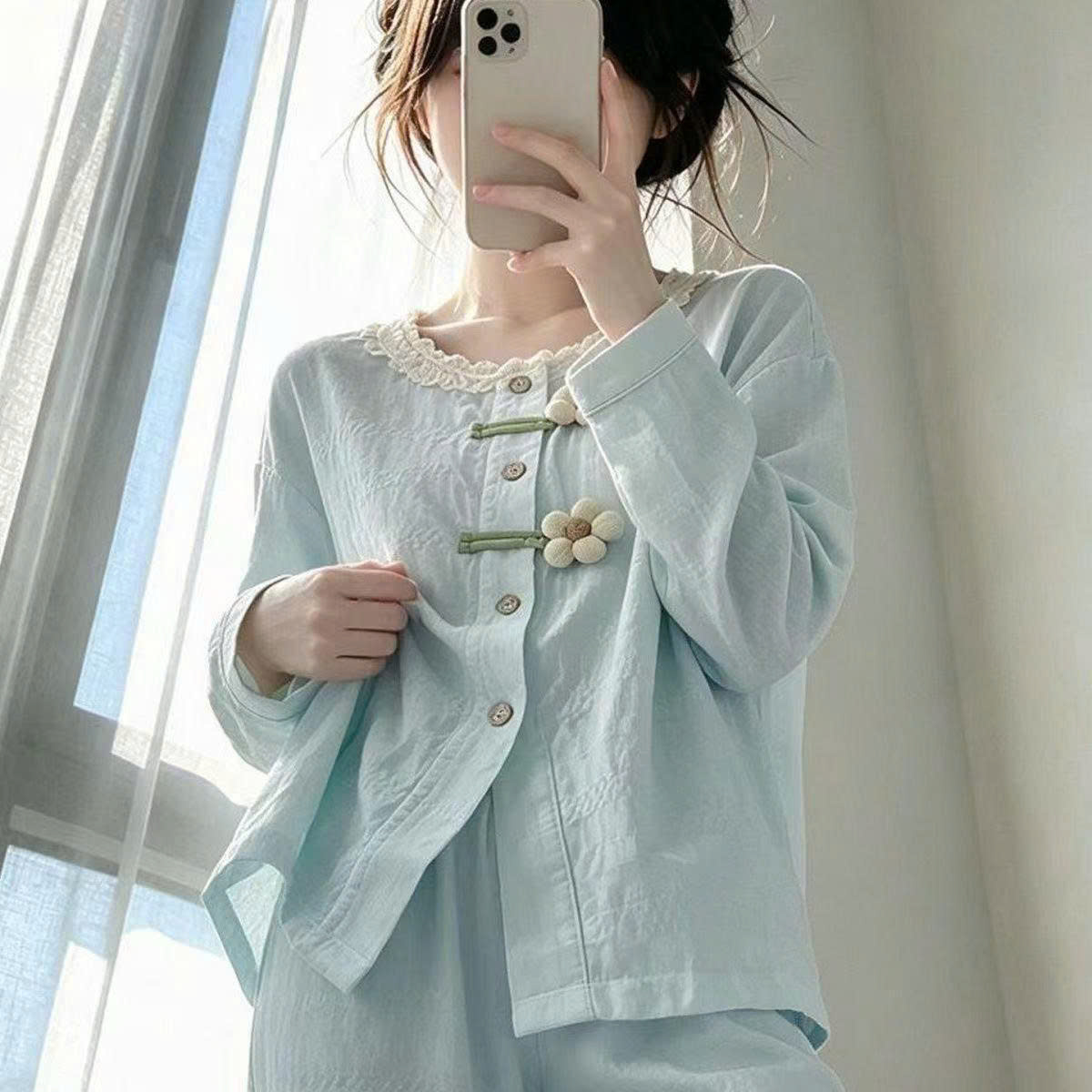 (chờ) S416 - BỘ NỮ CÀI HOA CỔ REN DÀI TAY QC