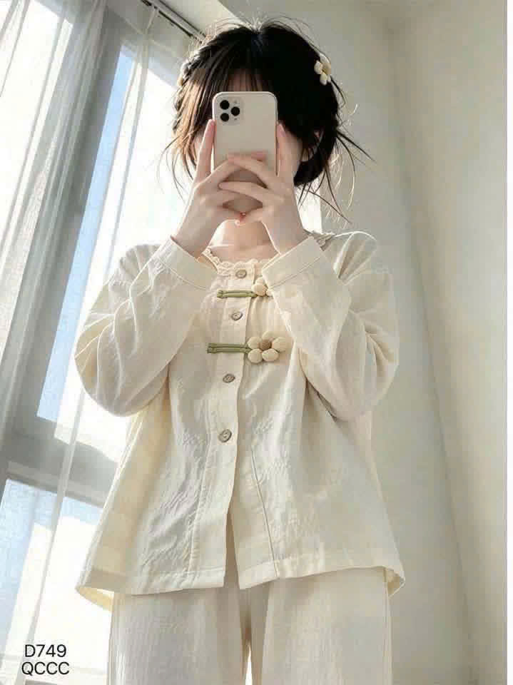 (chờ) S416 - BỘ NỮ CÀI HOA CỔ REN DÀI TAY QC