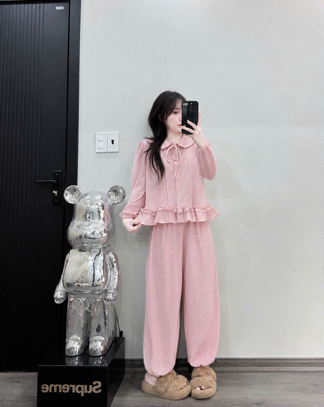 S423 - BỘ TĂM THỎ HỒNG CỔ SEN NƠ BÈO GẤU QUẦN BOM