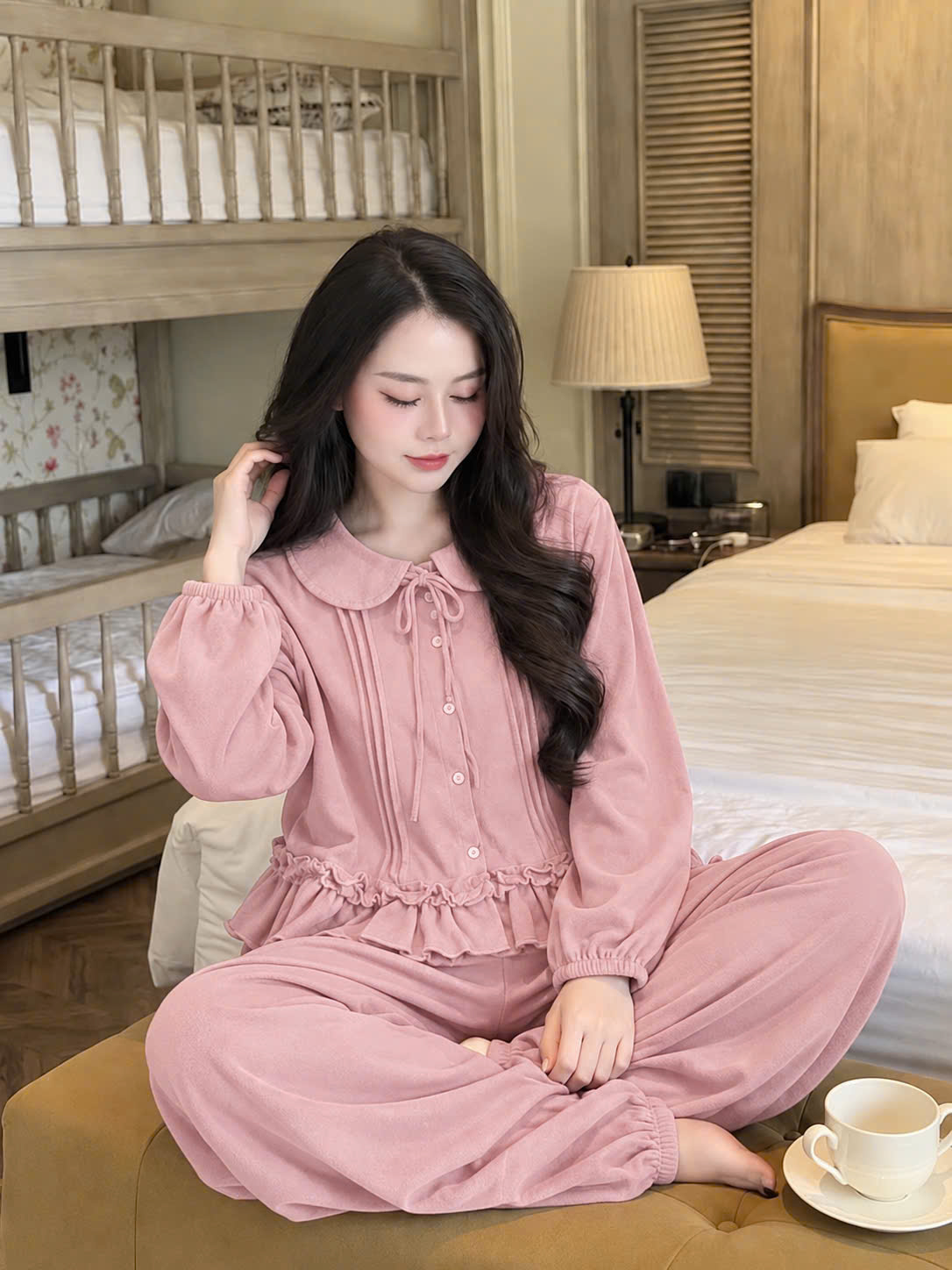 S423 - BỘ TĂM THỎ HỒNG CỔ SEN NƠ BÈO GẤU QUẦN BOM