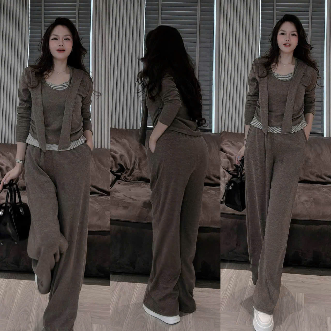 S427 - SET NỮ TĂM THỎ NÂU XÁM PHỐI KẺ QUẦN SUÔNG