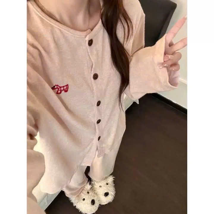 (chờ) S430 - BỘ NỮ TĂM THỎ HỒNG CÀI CÚC THÊU CHÓ