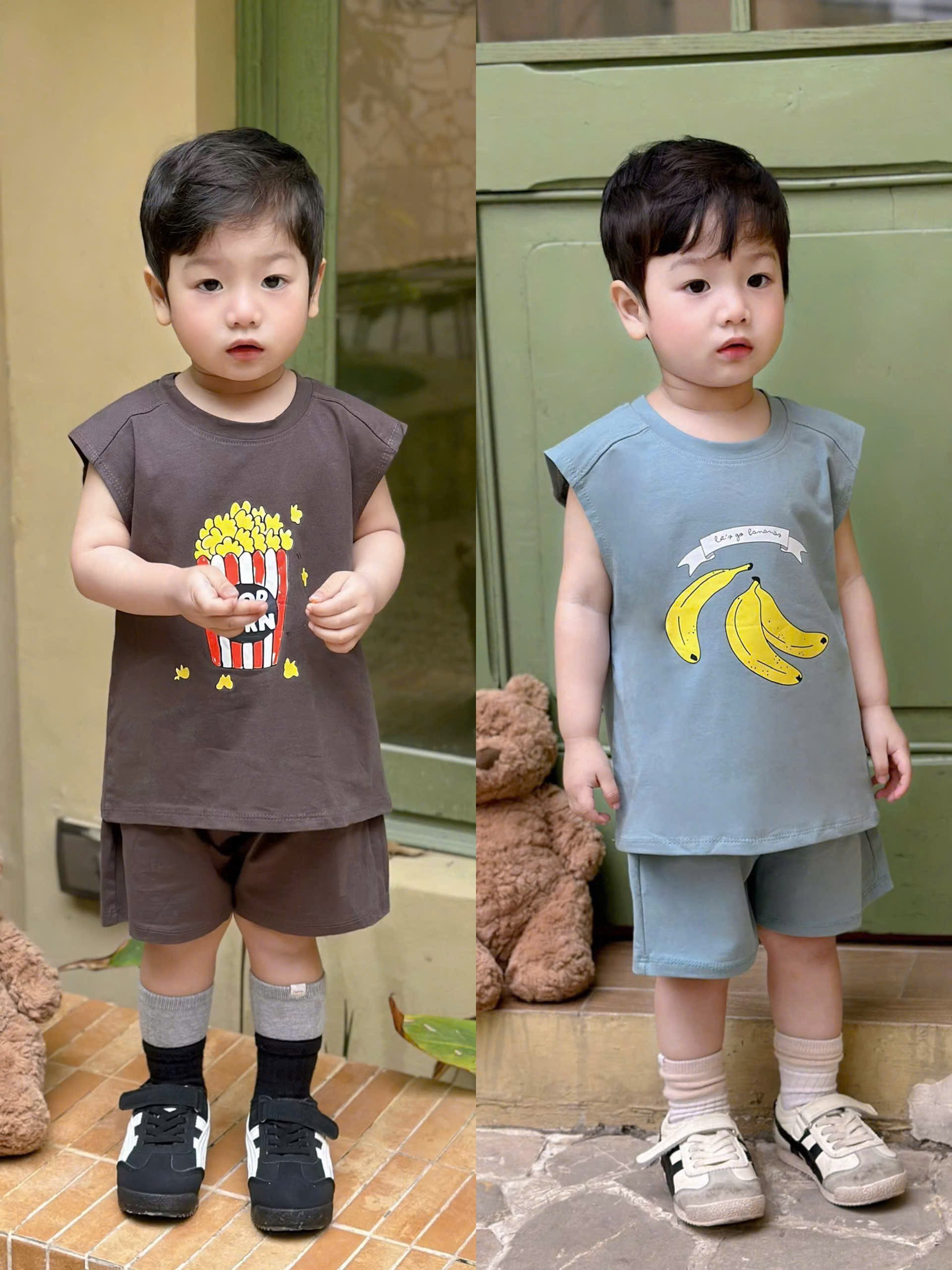 T193 - SET 2 BỘ ĐÙI BÉ TRAI BA LỖ KEM CHUỐI POP CORN