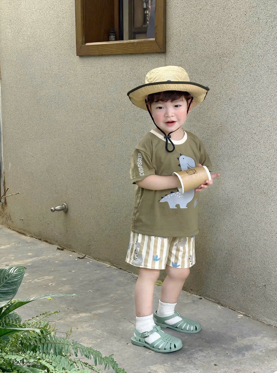 T212 - SET 3 BỘ ĐÙI BÉ TRAI KHỦNG LONG than rêu be