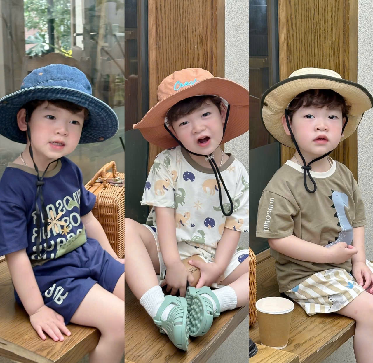 T212 - SET 3 BỘ ĐÙI BÉ TRAI KHỦNG LONG than rêu be