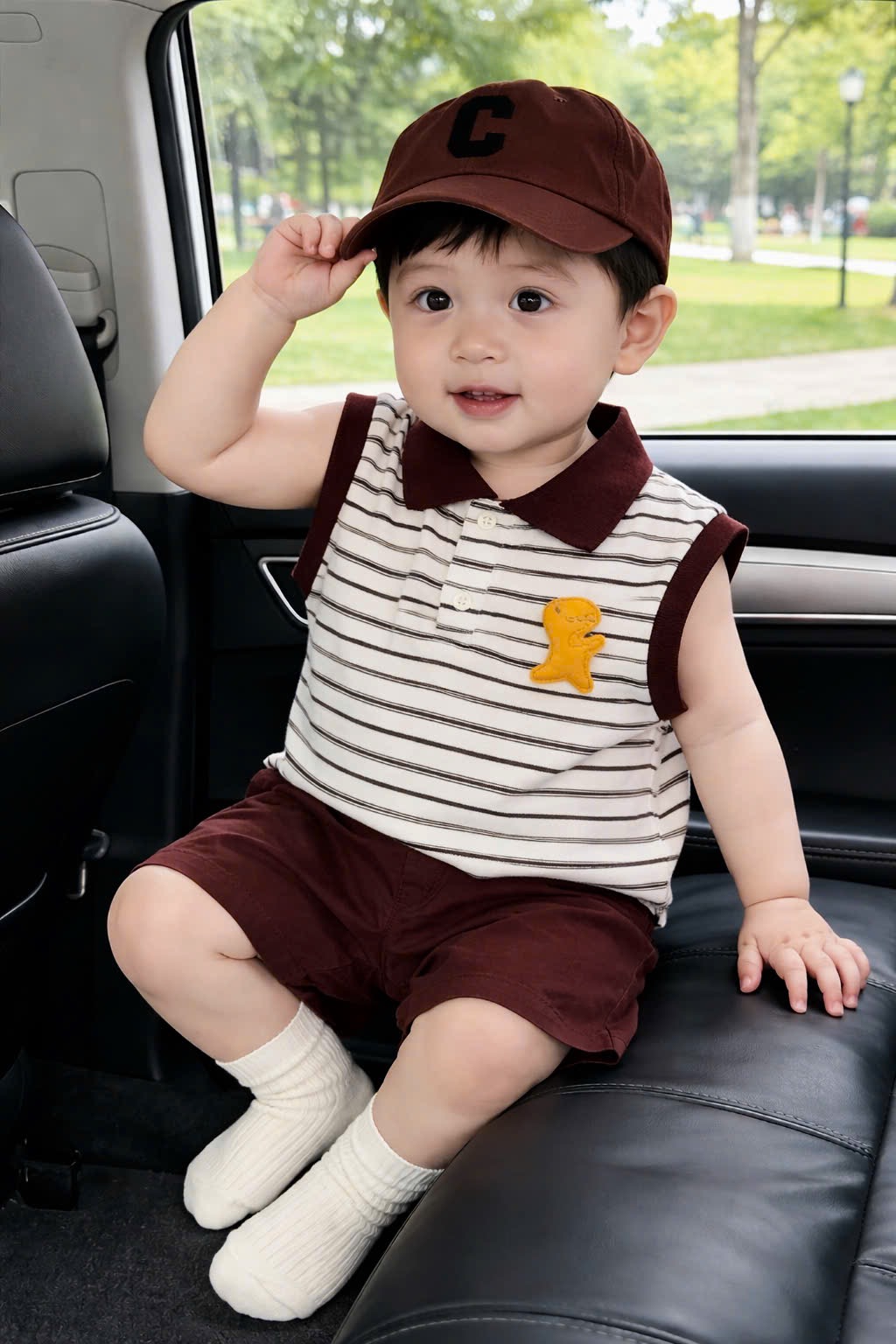 T222 - BỘ ĐÙI BÉ TRAI ÁO POLO SÁT NÁCH QUẦN NÂU KÈM MŨ