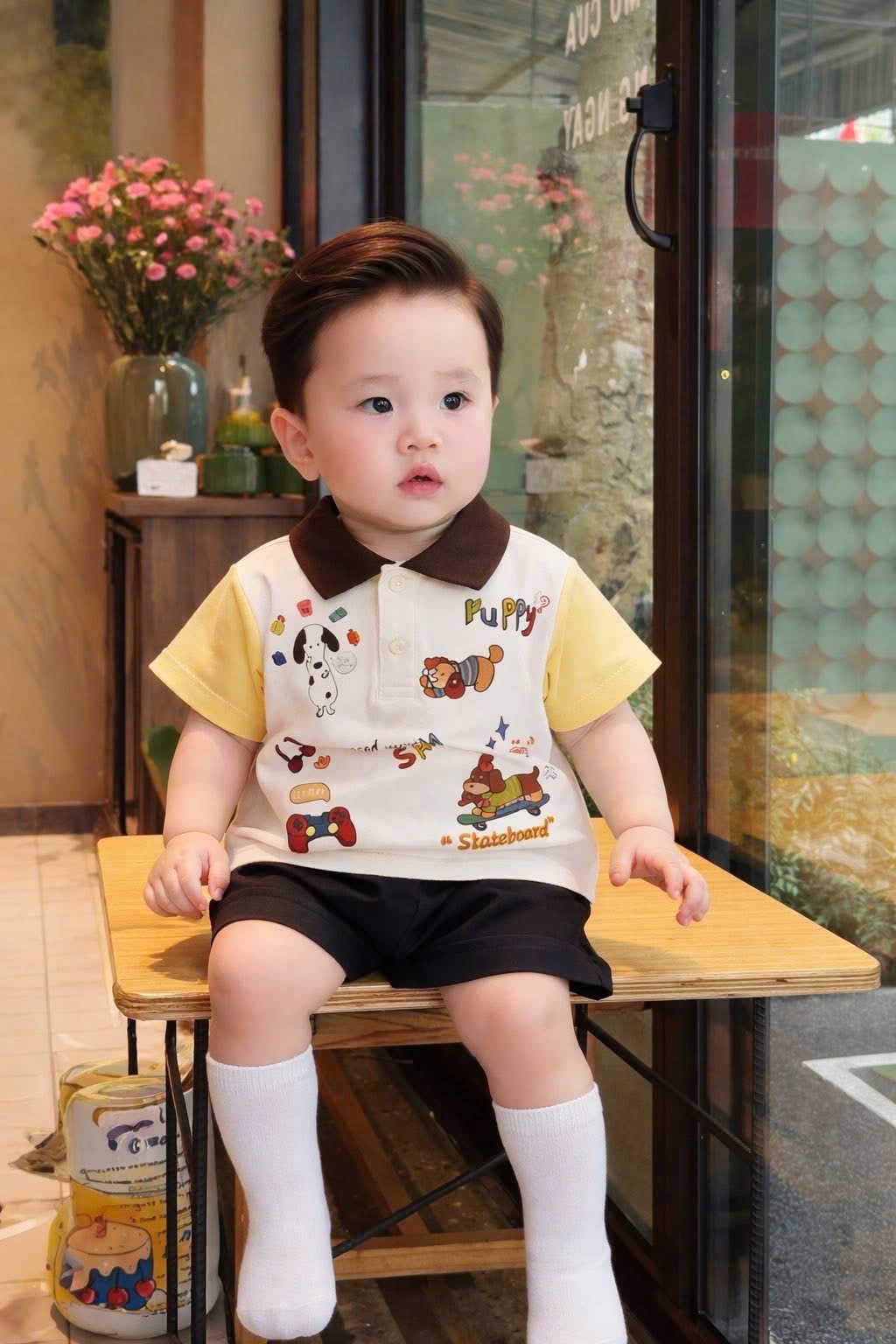 T230 - BỘ ĐÙI BÉ TRAI ÁO POLO BE CHÓ PUPPY CỔ NÂU QUẦN ĐEN