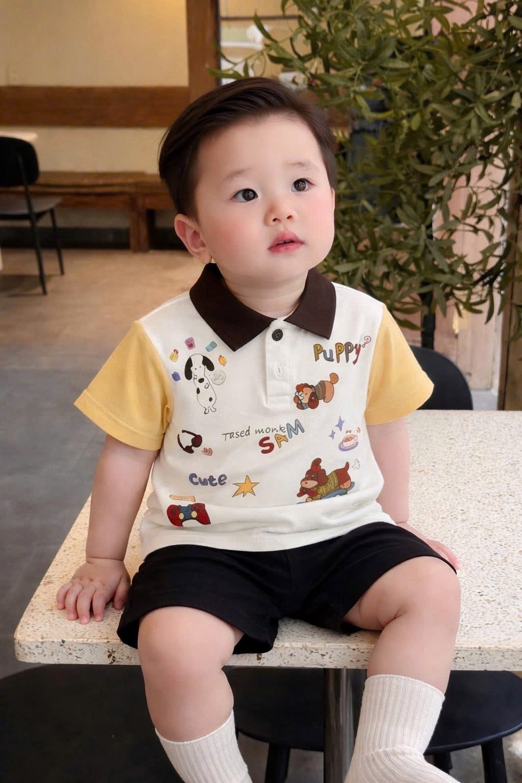 T230 - BỘ ĐÙI BÉ TRAI ÁO POLO BE CHÓ PUPPY CỔ NÂU QUẦN ĐEN
