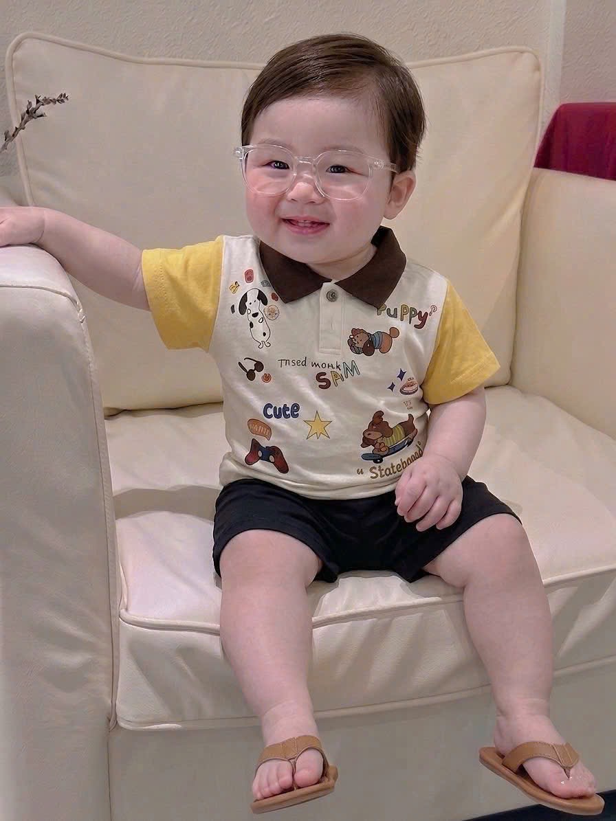 T230 - BỘ ĐÙI BÉ TRAI ÁO POLO BE CHÓ PUPPY CỔ NÂU QUẦN ĐEN