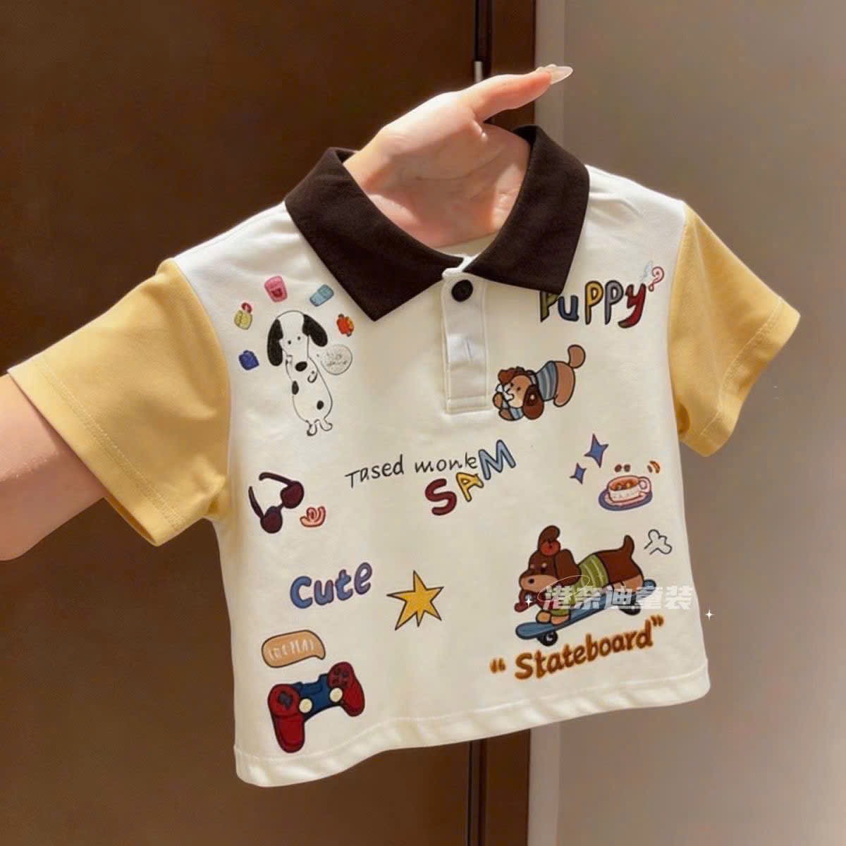 T230 - BỘ ĐÙI BÉ TRAI ÁO POLO BE CHÓ PUPPY CỔ NÂU QUẦN ĐEN